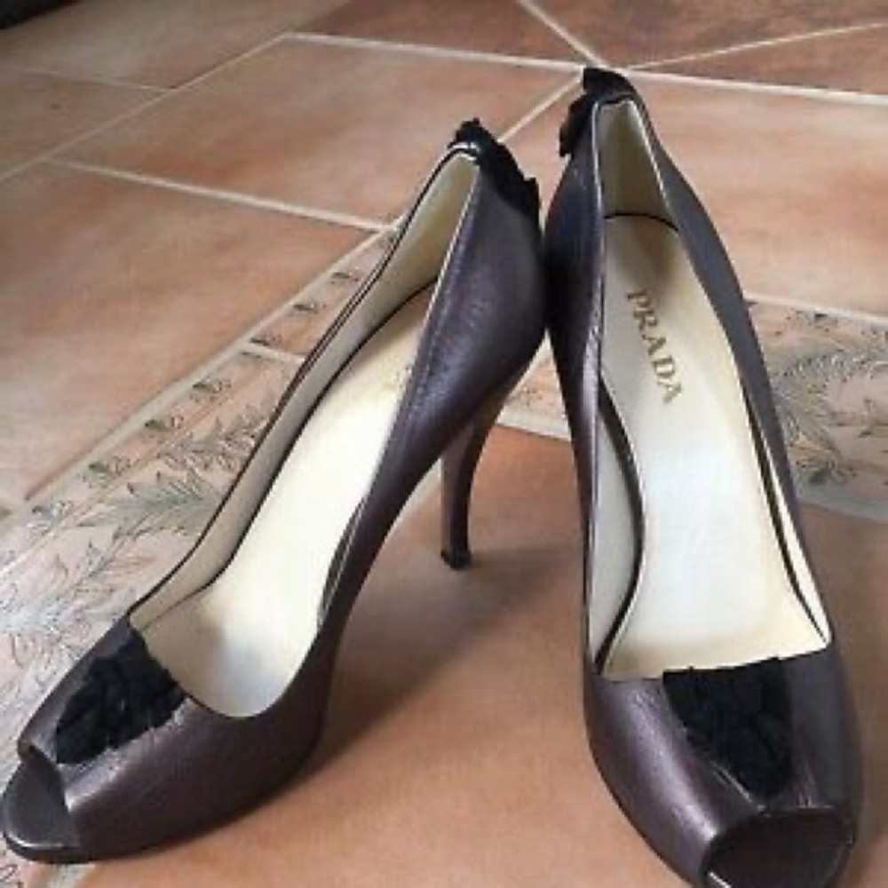 Prada peeptoe bronze heel with black suede ruffle